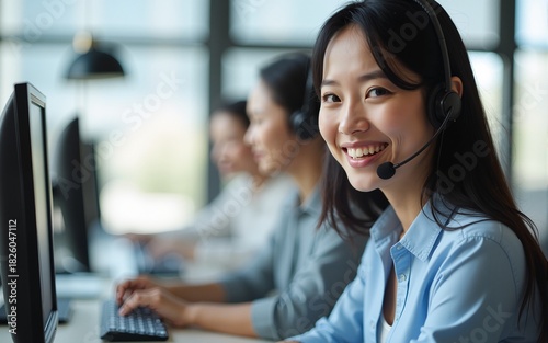 Happy smiling operator asian woman customer service agent with headsets working on computer in a call center, talking with customer for assisting to resolve the problem with her service mind