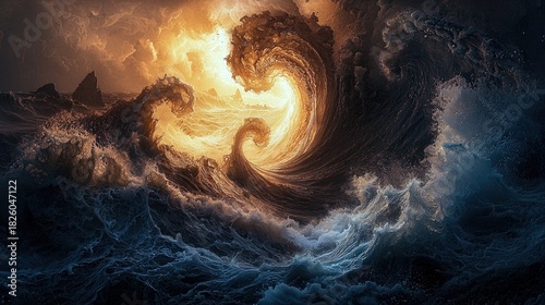 Fototapeta Naklejka Na Ścianę i Meble -  A dramatic scene of large, turbulent ocean waves crashing and swirling, illuminated by a bright, golden light breaking through stormy clouds.