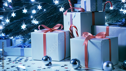 Blue festive scene with Bright ribbons, stars and baubles  wrapped gifts, ornaments, candy canes and confetti ready for Christmas and New Year celebrations. 