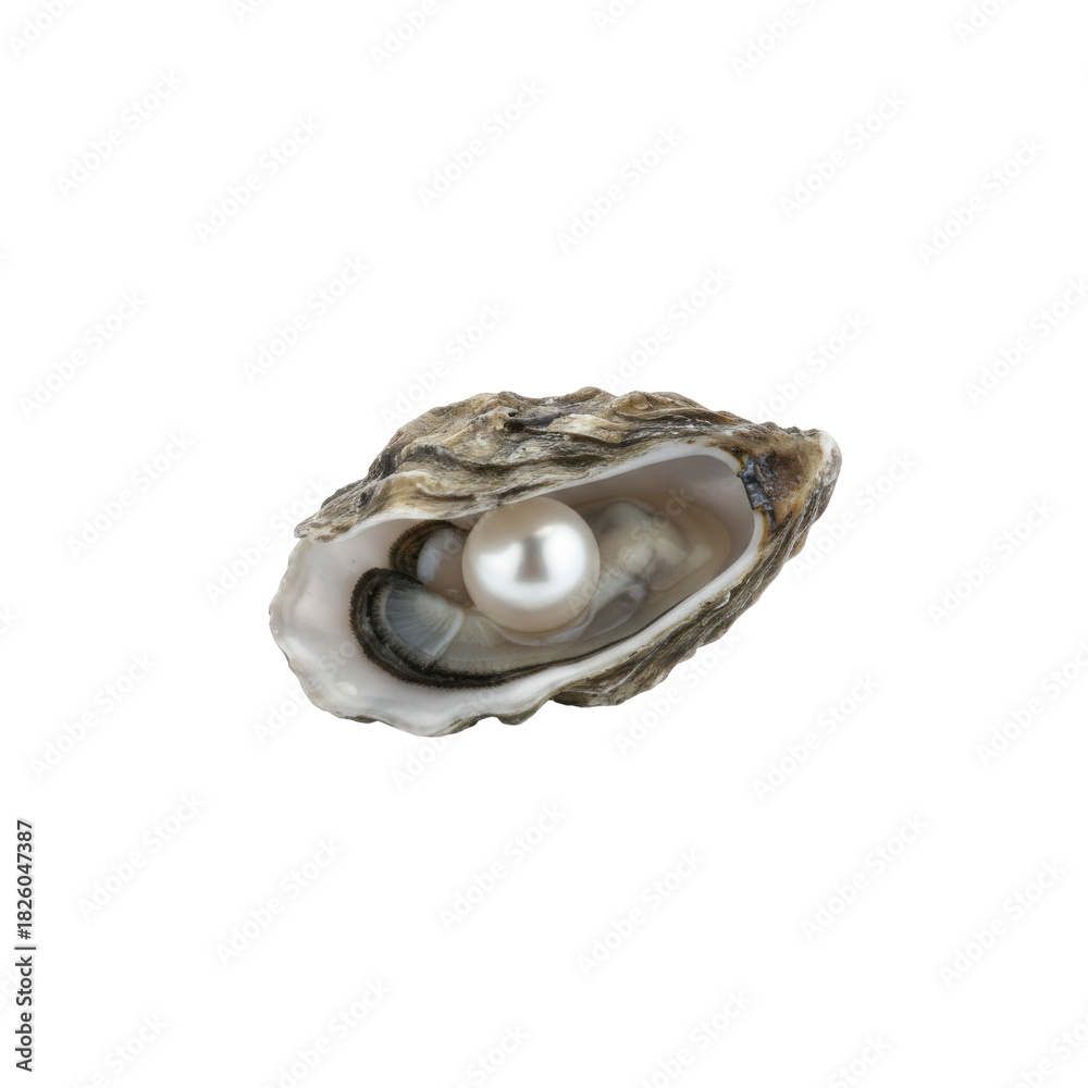 Naklejka premium A perfectly formed white pearl nestled inside an opened oyster shell isolated on a black background