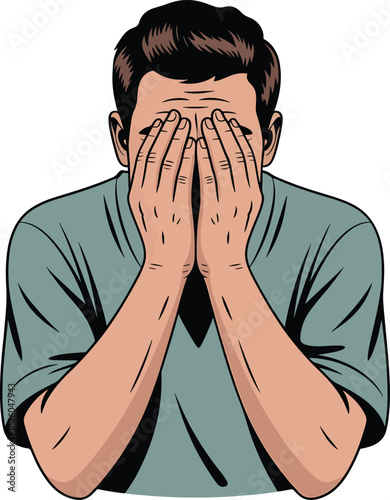 Depressed Man covers face with hands depicting shame sadness or despair