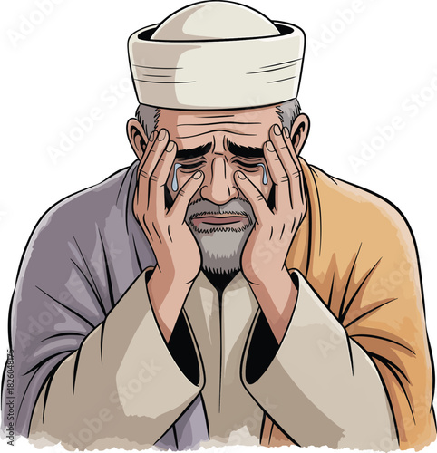 Distressed old man in traditional garb hands on face crying