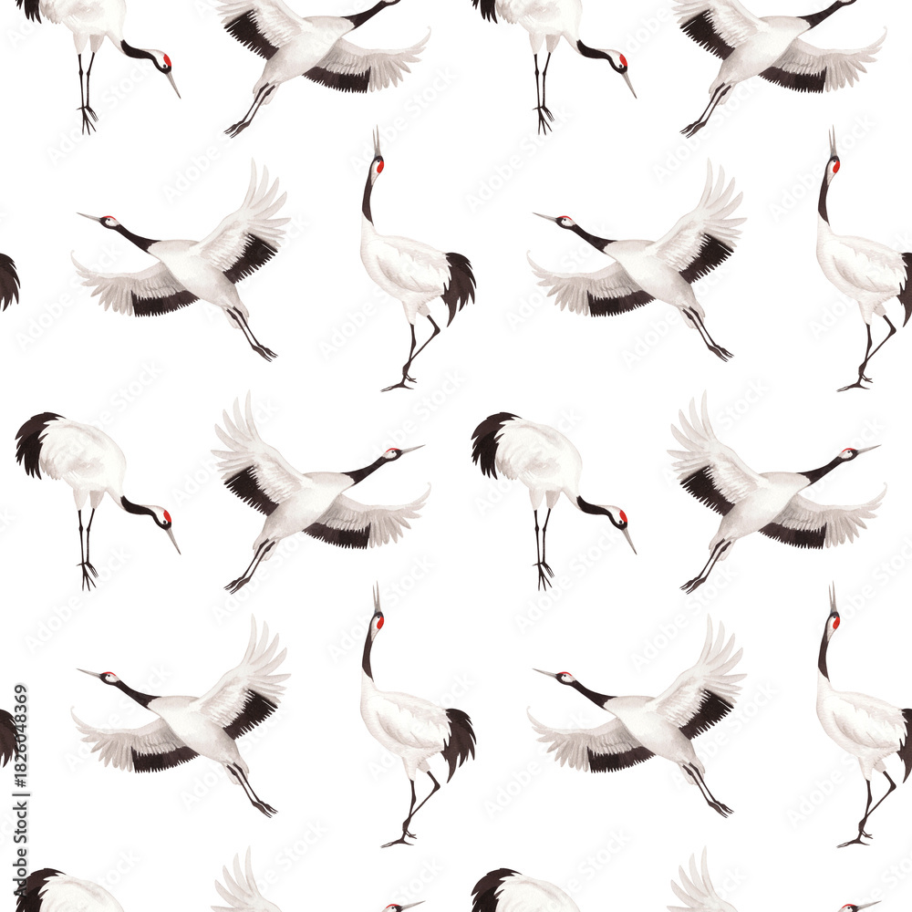 Obraz premium Seamless pattern of japanese cranes Watercolor illustration of crane. Delicate illustration for fabric, wallpaper, greeting cards, design, decoration and illustration.