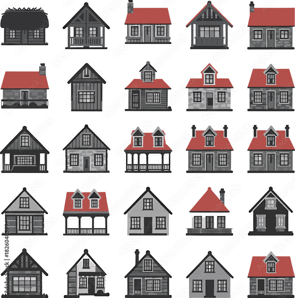 Naklejka premium Flat houses icon collection diverse residential building styles