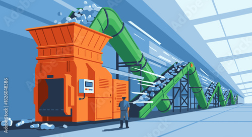 A worker supervises the automated processing of materials in a modern industrial recycling plant, where a large shredder and conveyor belts efficiently manage waste.
