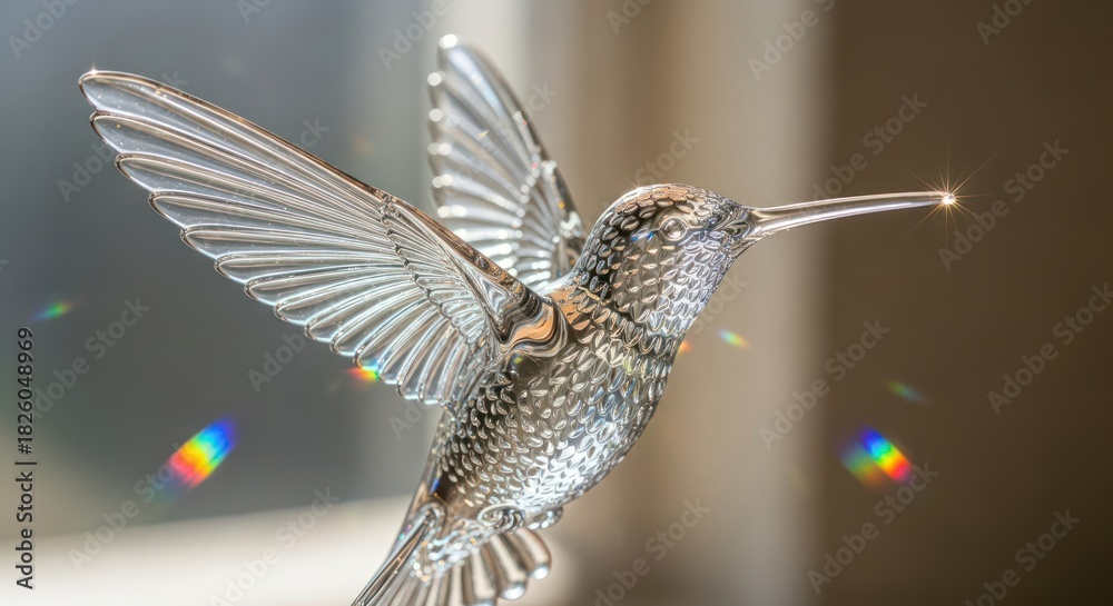 Fototapeta premium Elegant crystal hummingbird figurine reflecting prismatic light sparkles and artistic refinement