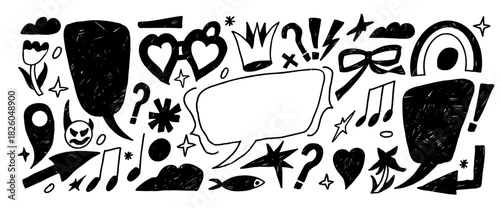 Ink brush stroke hand drawn dialogue scribble callouts. Doodles text box elements set. Pencil drawn speech bubbles with crown, cloud. Marker text boxes with heart locket abstract vector illustration.