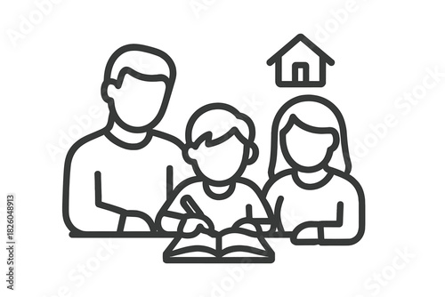 Simple line art graphic of parents and child studying together at home education