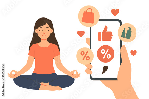 Mindful person balancing wellness and digital shopping with discount symbols on smartphone