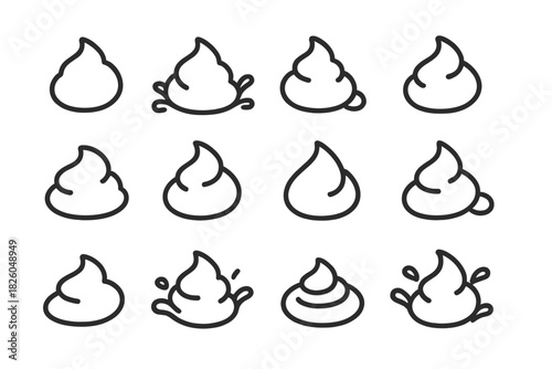 Whipped cream dollop and foam swirl shapes in outline style for dessert and cosmetic products