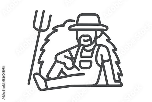 Tired farmer resting with a pitchfork and straw hat after working hard in the field