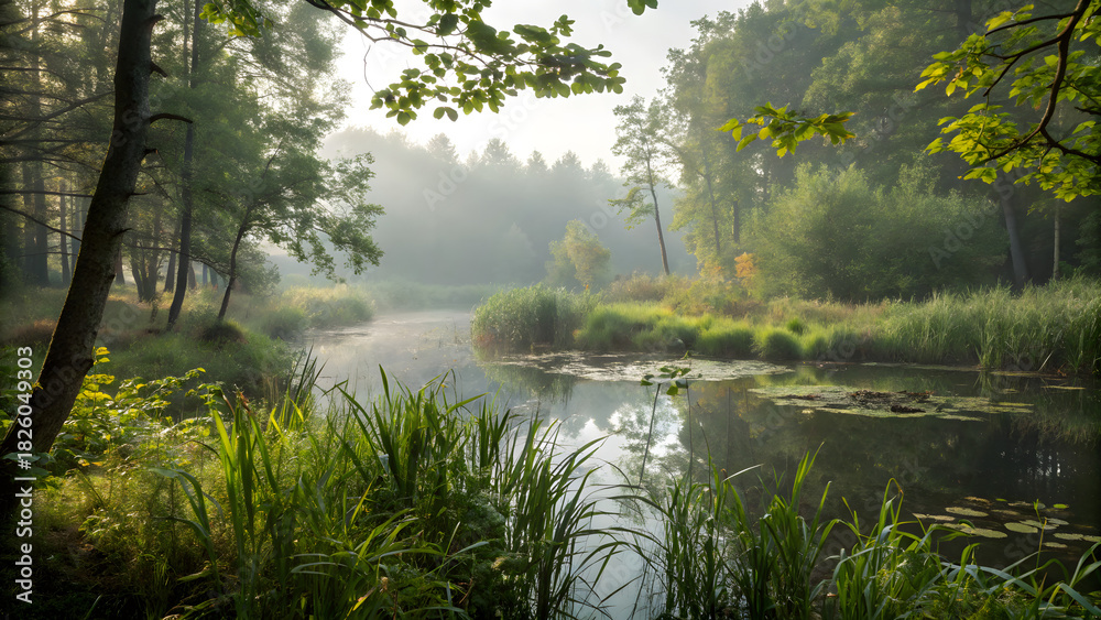 Obraz premium morning on the river, the woodland curve, fresh green wilderness, lonely pond in the forest, calm water and wild growth