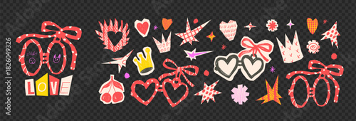 Collage romantic cutout scribbles elements. Heart pair lockets. Hand drawn texture fire heart, collage paper cut outs crown, cherry star set. Scrapbook love signs. Vector bachelorette red illustration