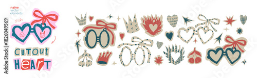 Love symbols collage stickers. Heart cutout with crayon texture patterns. Scrapbook romantic couple sign shape. Vector Valentine craft retro tags with hand drawn devil and angel illustration isolated.