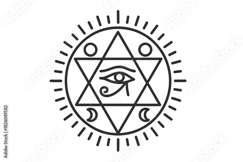 Sacred geometry icon with Egyptian Eye of Horus inside a hexagram and cosmic elements