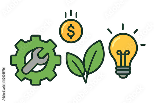 Set of business concept icons showing engineering, financial growth, sustainability, and innovation
