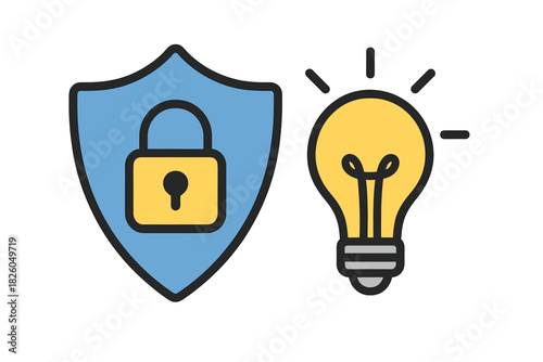 Digital security and creative idea protection symbol with shield and illuminated bulb