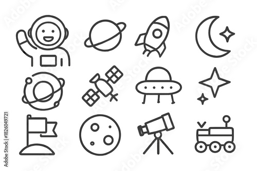 Astronomy and space exploration icons featuring planets, rockets, and satellites