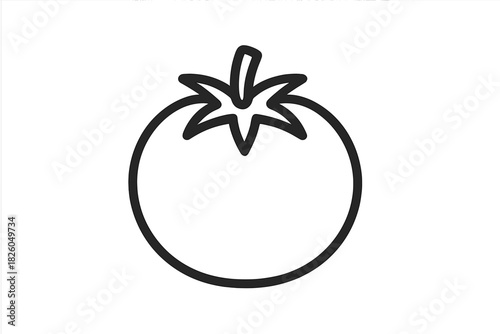 Simple black outline drawing of a fresh ripe tomato vegetable with stem and leaves