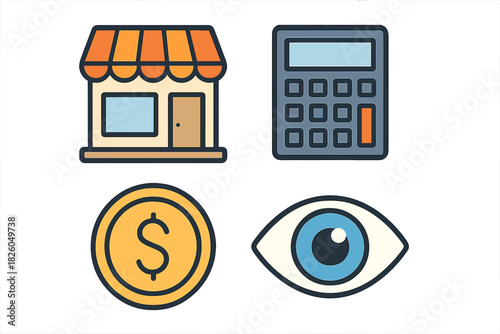 Business and finance icons: shop, calculator, dollar coin, and human eye