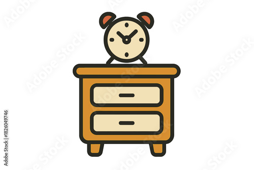 Classic alarm clock sitting on a wooden bedside table with two drawers