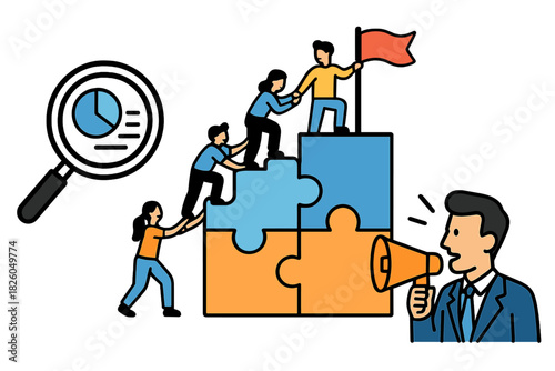 Business team leadership guiding group up puzzle steps toward strategic goal achievement