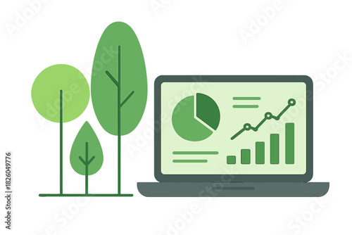 Environmental sustainability metrics displayed on a computer screen near stylized green trees
