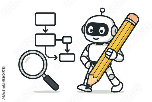 Cute robot character holding a giant pencil next to a flowchart and magnifying glass