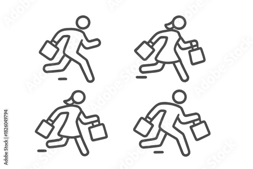 Running figures carrying shopping bags and briefcases symbolizing urgency and busy schedules