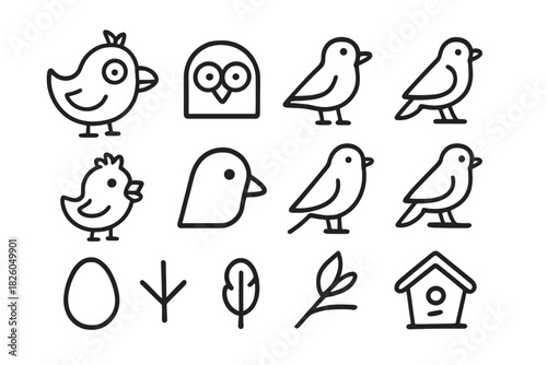 Cute outline birds, baby chicks, owl, egg, birdhouse, and natural elements collection