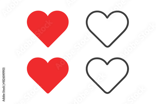 Four heart icons set with filled red shapes and outline black symbols for love and likes