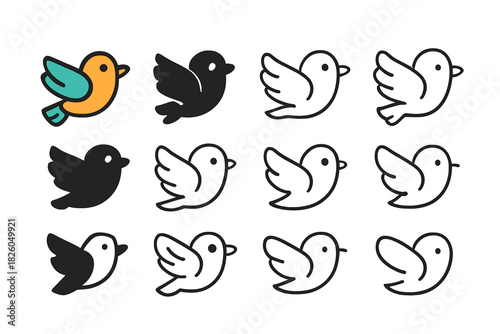Minimalist flying bird symbols set in different styles for branding and web design