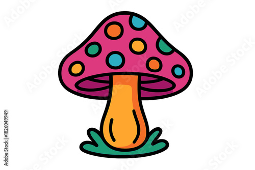 Vibrant psychedelic mushroom with colorful spots and bold outlines standing on green grass