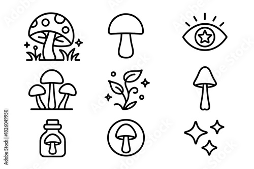 Set of mystical esoteric icons featuring mushrooms, magic eye, plants, and sparkles