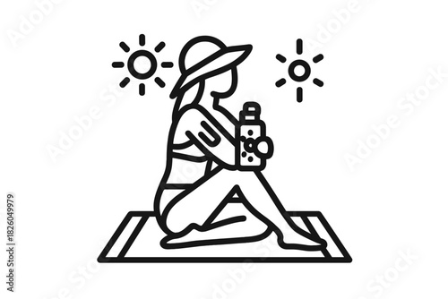 Woman applying sunscreen lotion while sitting outdoors under bright sunshine