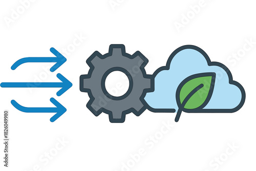 Arrows entering gear mechanism producing sustainable cloud and green leaf icon