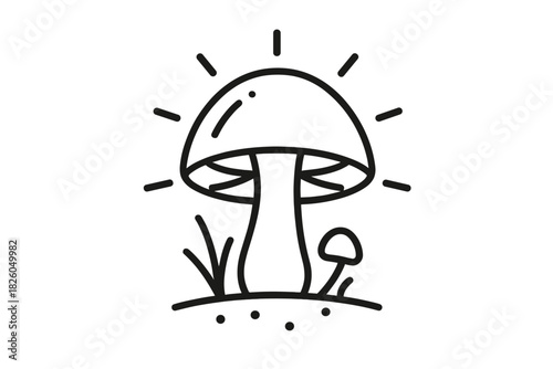 Simple linear depiction of a large glowing mushroom standing next to a small toadstool