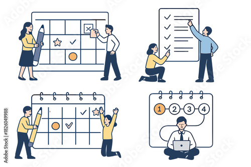Business people organizing schedules, setting goals, and managing tasks using calendars and checklists