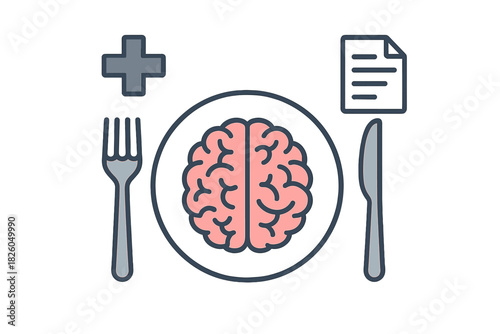 Human brain on a dinner plate surrounded by medical and documentation symbols