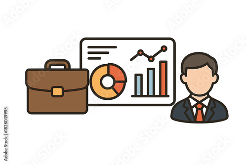 Professional businessman with briefcase and financial data analysis charts