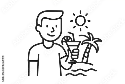 Smiling person enjoying a tropical vacation with a cocktail drink on a sunny beach