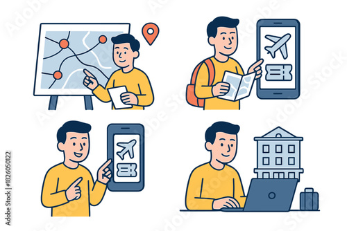 Young man planning trip, booking flights, and arranging hotel accommodation online