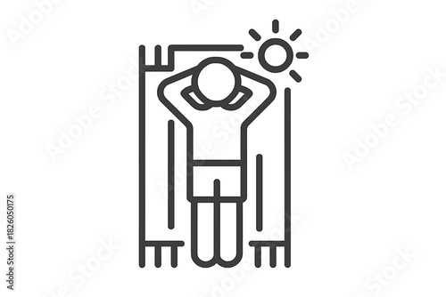 Minimalist outline of a person relaxing and sunbathing on a towel during summer vacation