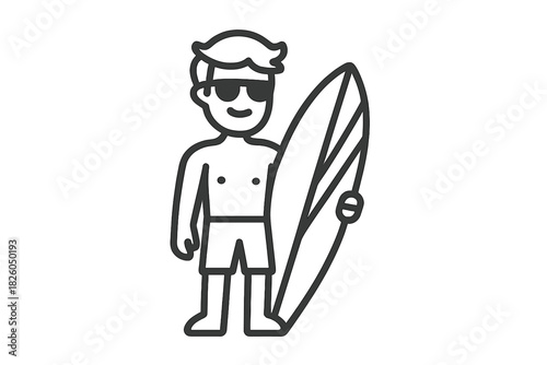 Young man wearing sunglasses and swim trunks holding a surfboard