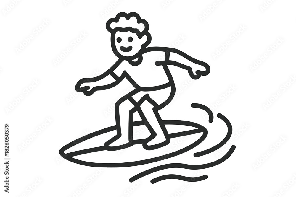 Fototapeta premium Happy young surfer riding a large ocean wave in simple black and white line art