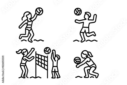 Set of outline icons showing people playing beach volleyball during summer sports activities