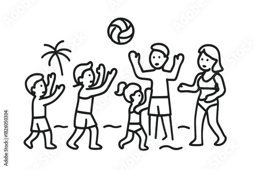 Happy family enjoying summer vacation playing volleyball on a tropical beach