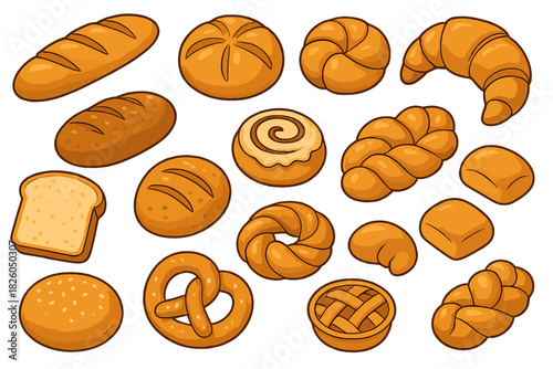 Assortment of fresh baked goods including loaves rolls croissants pretzels and pastries
