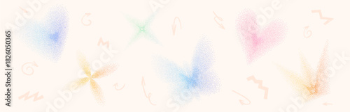 Dotwork shade dissolved geometric shapes with grain noise gradient. Y2k stippling crown forms set. Butterfly, flower, heart, star icons on beige background. Vector pastel illustration isolated.