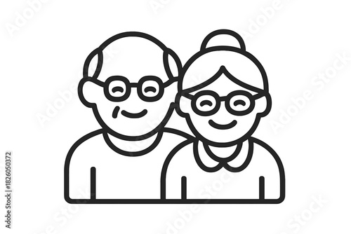 Simple black outline graphic depicting a happy senior couple portrait icon